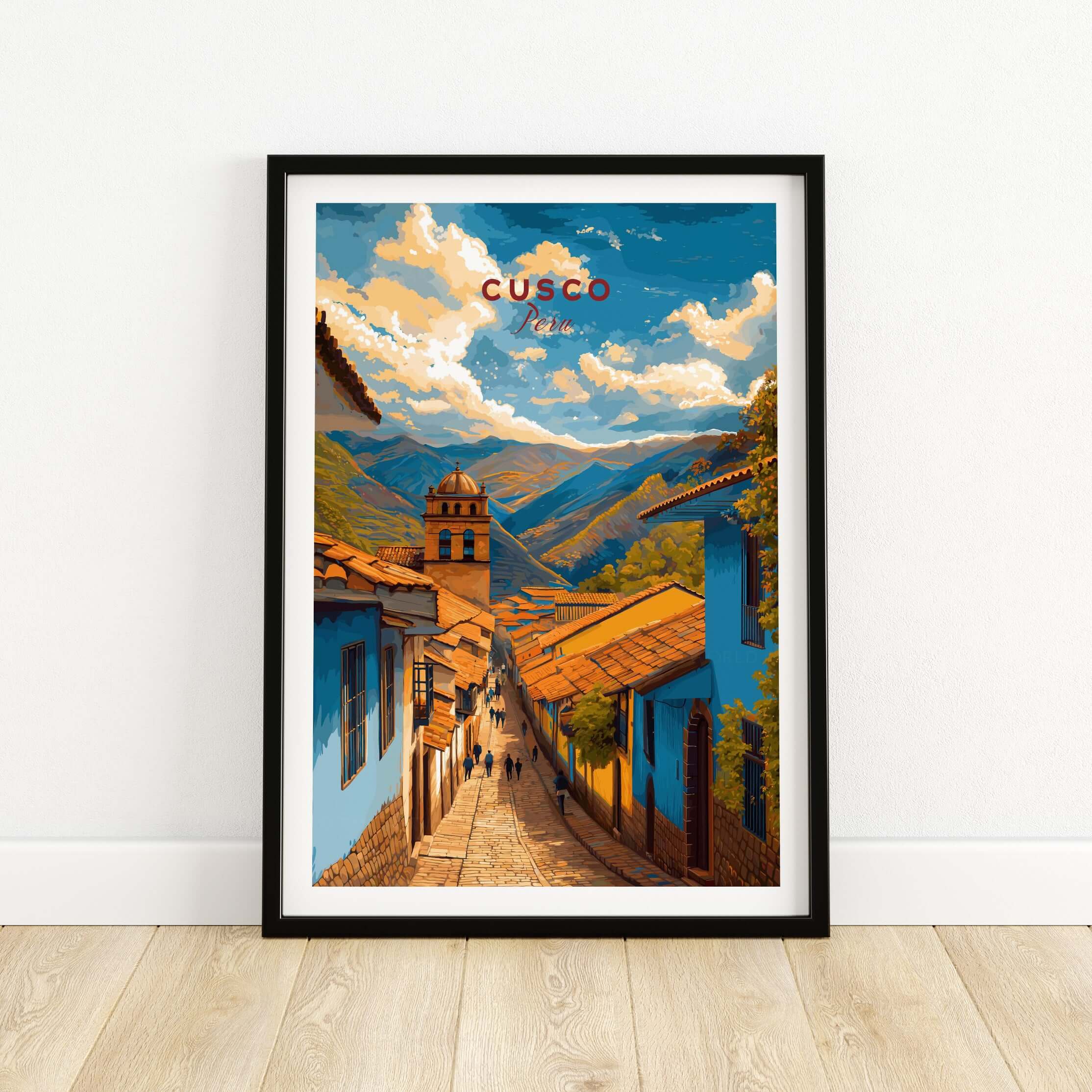 Cusco City Print | Inca Valley Wall Decor showcasing vibrant streets and mountains in a stunning frame.