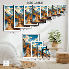 Size guide for Cusco City Print | Inca Valley Wall Decor showing various frame sizes and layout options.