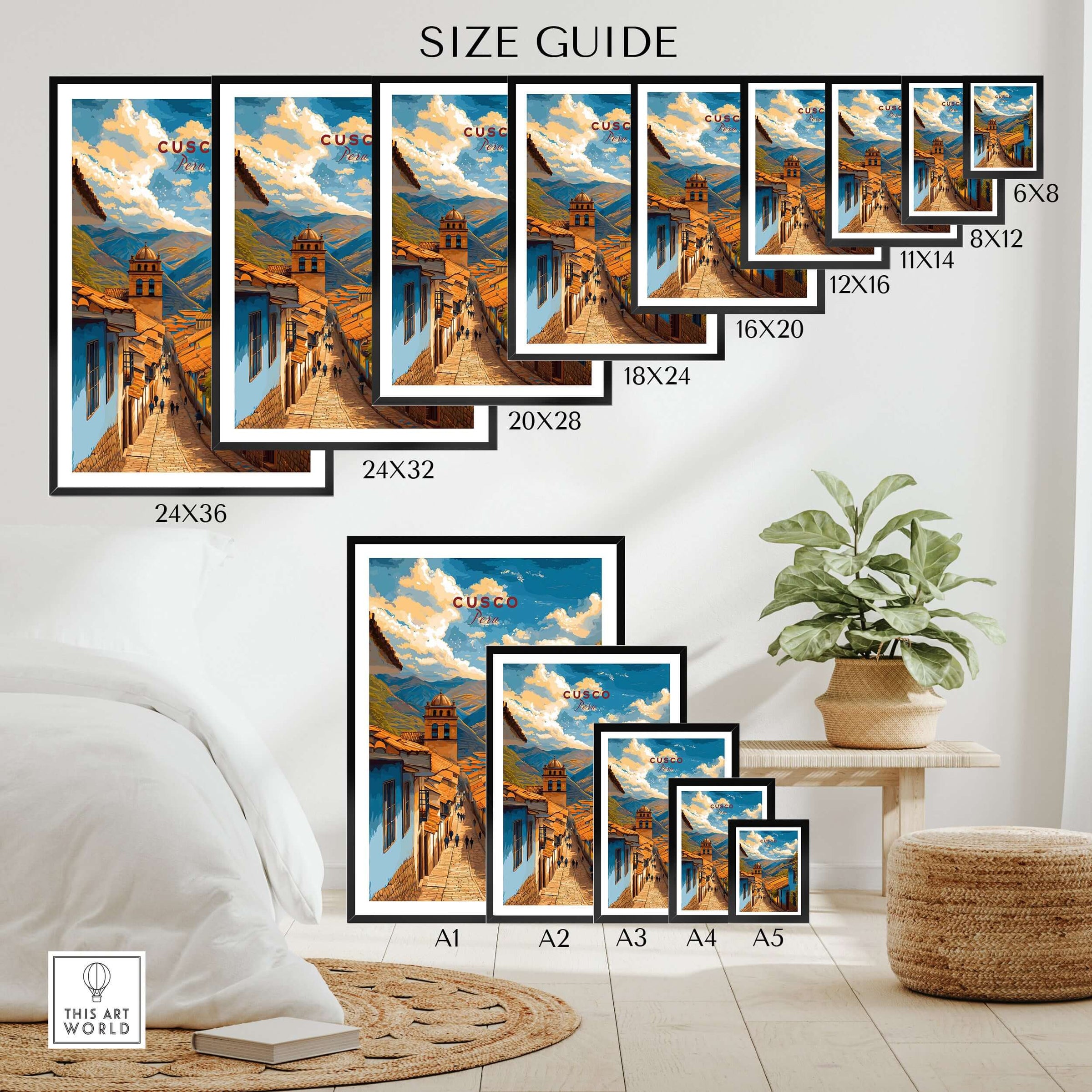 Size guide for Cusco City Print | Inca Valley Wall Decor showing various frame sizes and layout options.