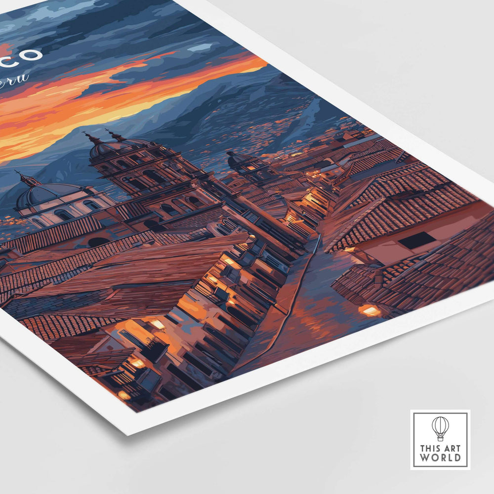 Cusco Evening Street View Print | Glowing Andes Home Decor showcasing a scenic dusk landscape in Cusco.