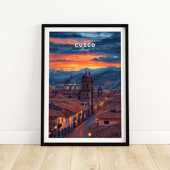 Cusco Evening Street View Print | Glowing Andes Home Decor showcasing a colorful sunset over Cusco, Peru.