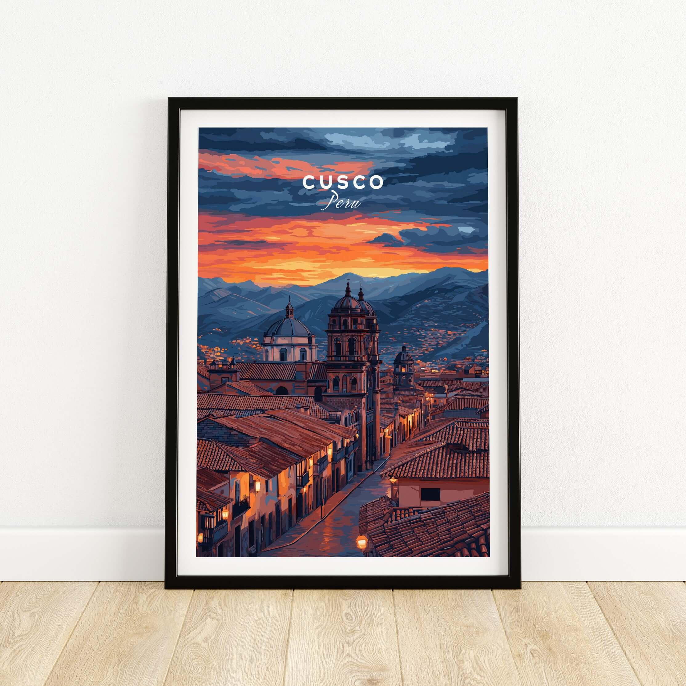 Cusco Evening Street View Print | Glowing Andes Home Decor showcasing a colorful sunset over Cusco, Peru.