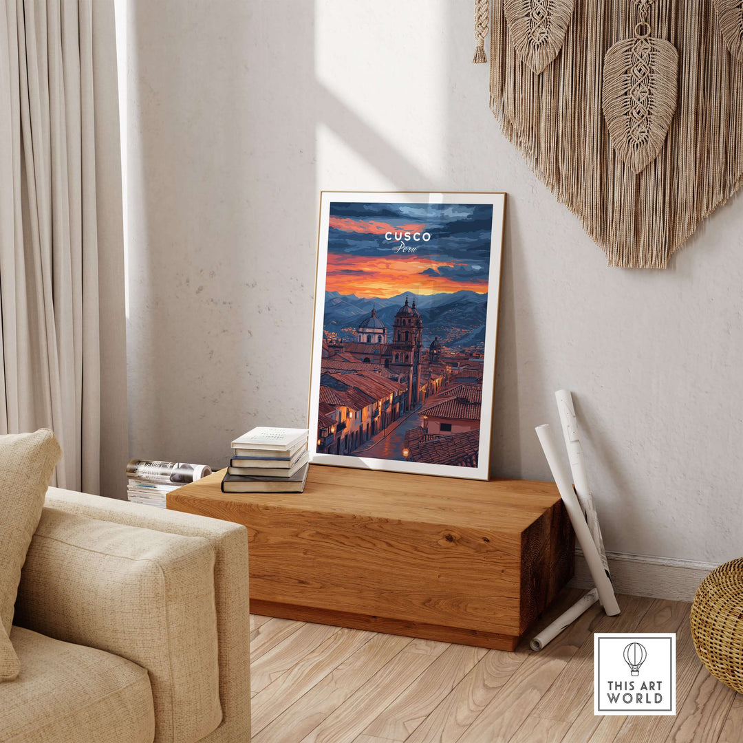 Cusco Evening Street View Print | Glowing Andes Home Decor displayed in a cozy room with warm evening light.