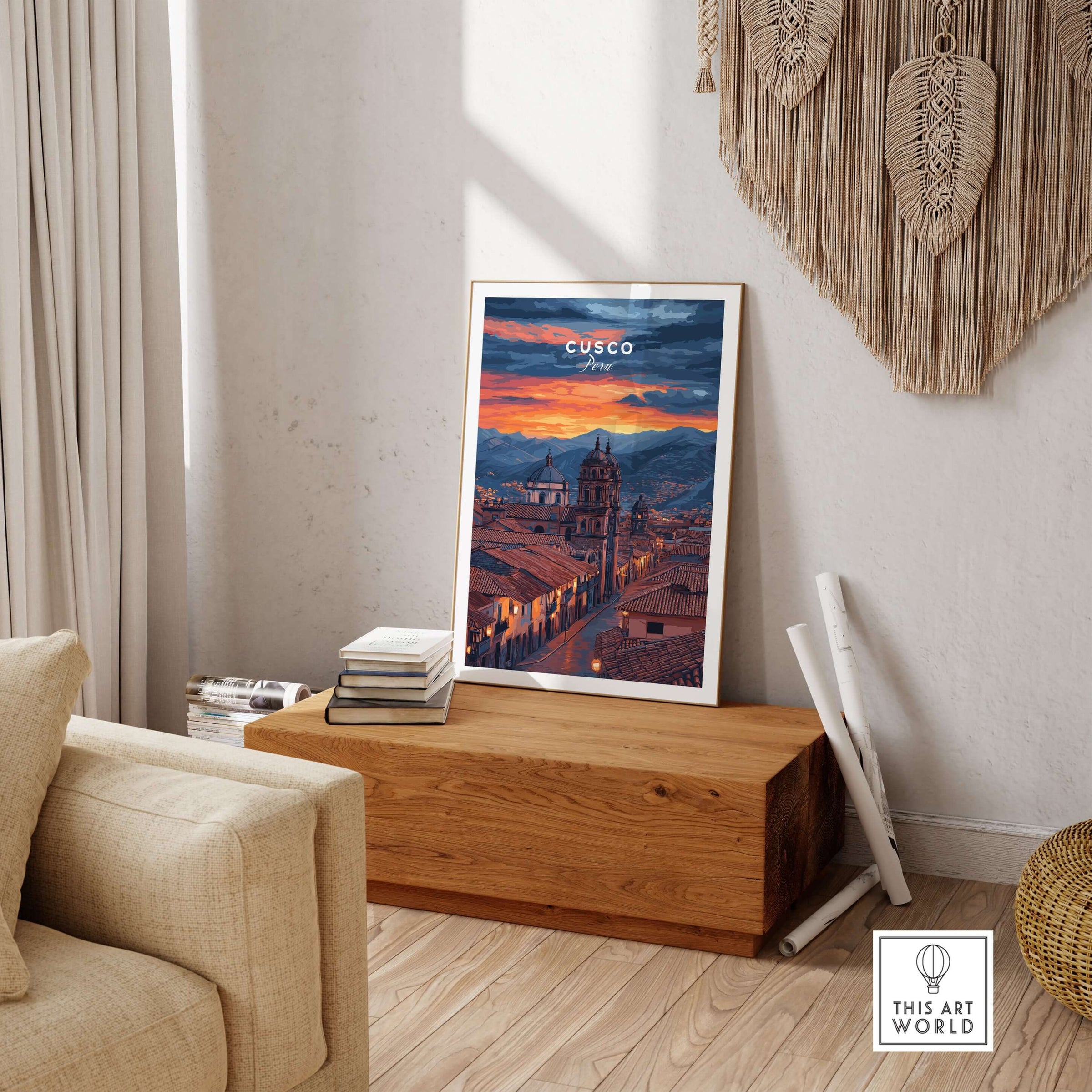 Cusco Evening Street View Print | Glowing Andes Home Decor displayed in a cozy living room setting.