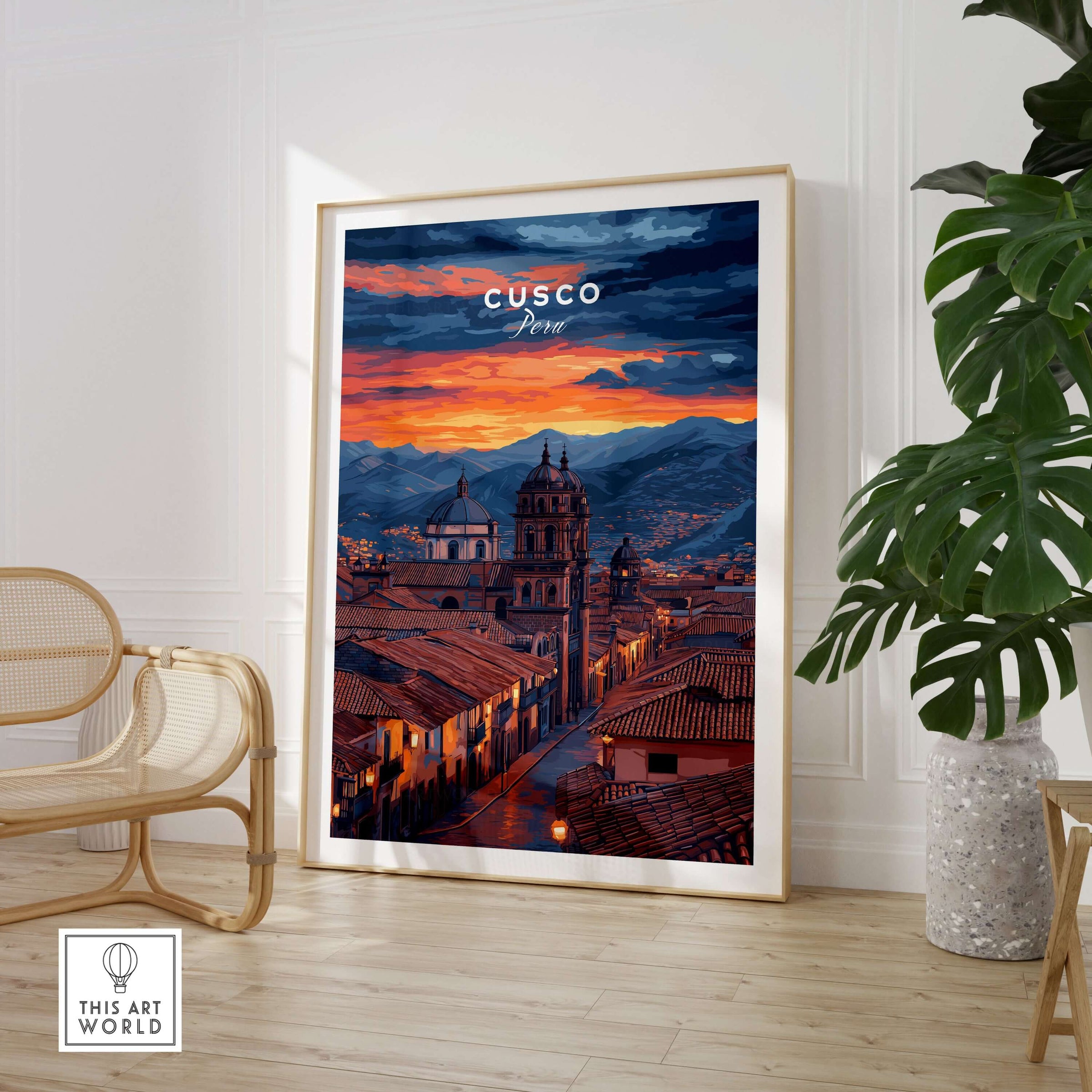 Cusco Evening Street View Print | Glowing Andes Home Decor featuring a vibrant sunset over Cusco's skyline.