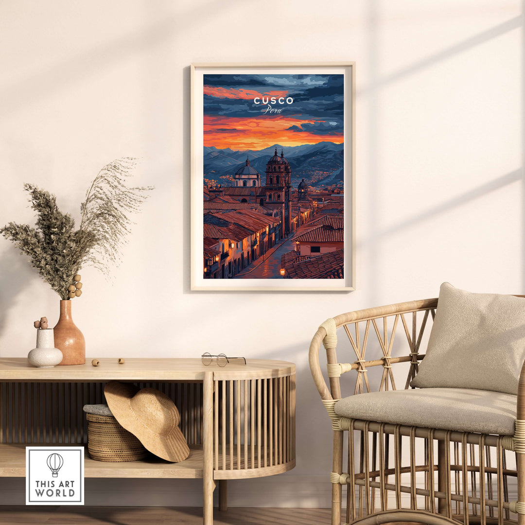 Cusco Evening Street View Print | Glowing Andes Home Decor showcased in a stylish interior setting with natural light.
