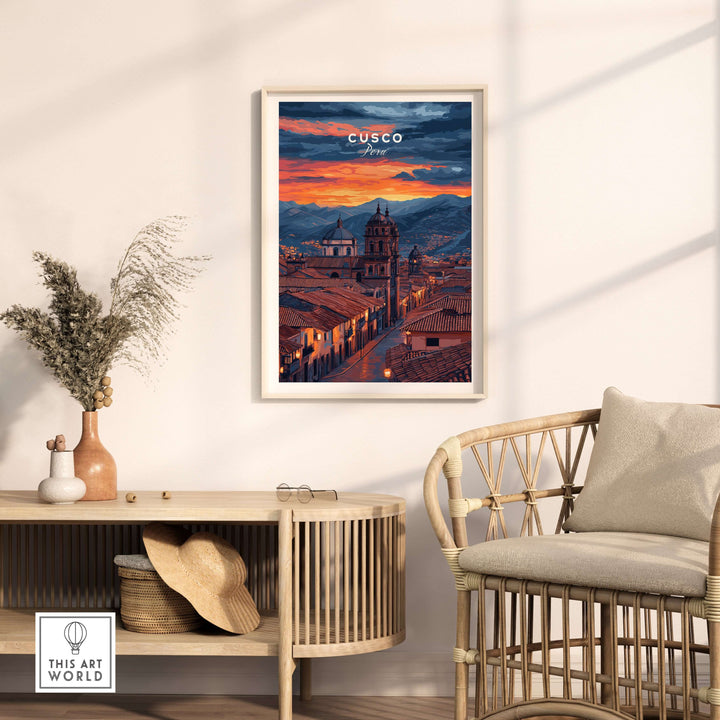 Cusco Evening Street View Print | Glowing Andes Home Decor showcased in a stylish interior setting with natural light.
