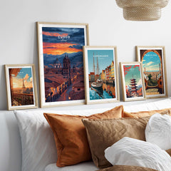 Cusco Evening Street View Print | Glowing Andes Home Decor showcased among framed travel posters.