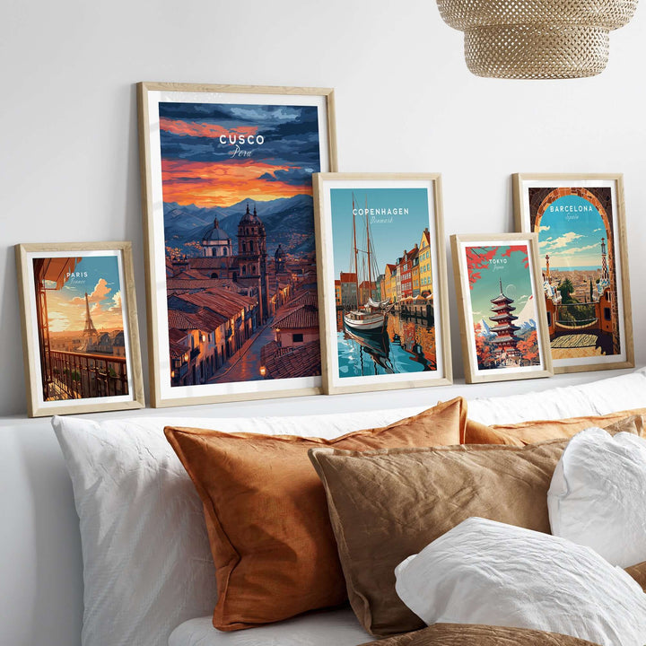 Cusco Evening Street View Print | Glowing Andes Home Decor displayed in stylish frames above a cozy sofa.
