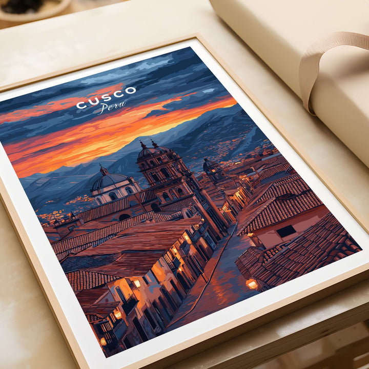 Cusco Evening Street View Print | Glowing Andes Home Decor showcasing a vibrant Cusco landscape at dusk with glowing skies.