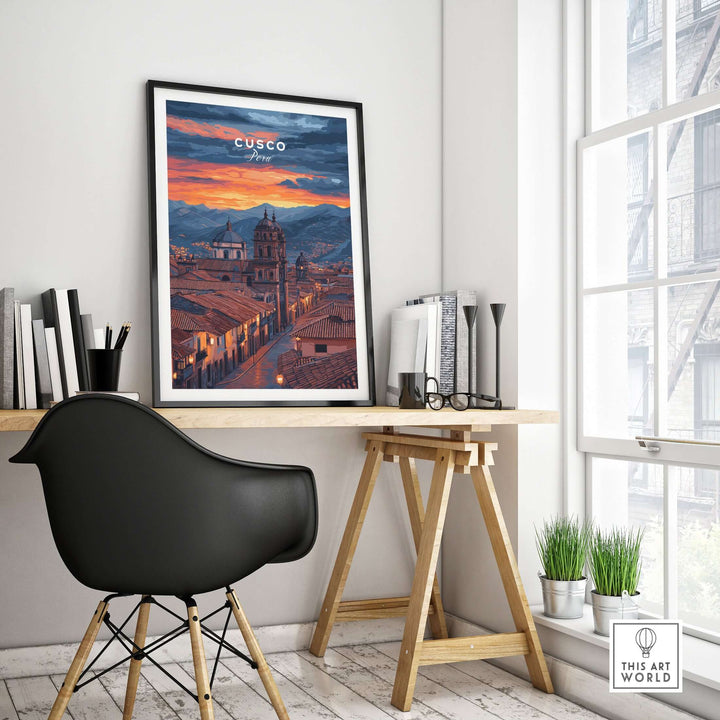 Cusco Evening Street View Print | Glowing Andes Home Decor displayed in a stylish room with a desk and chair.