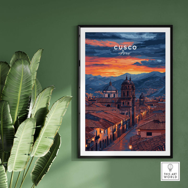 Cusco Evening Street View Print | Glowing Andes Home Decor showcased in a stylish frame against a green wall.