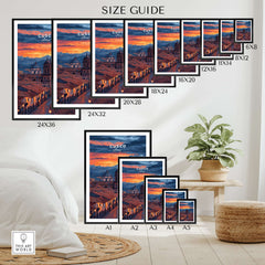Cusco Evening Street View Print | Glowing Andes Home Decor size guide showcasing various print dimensions.