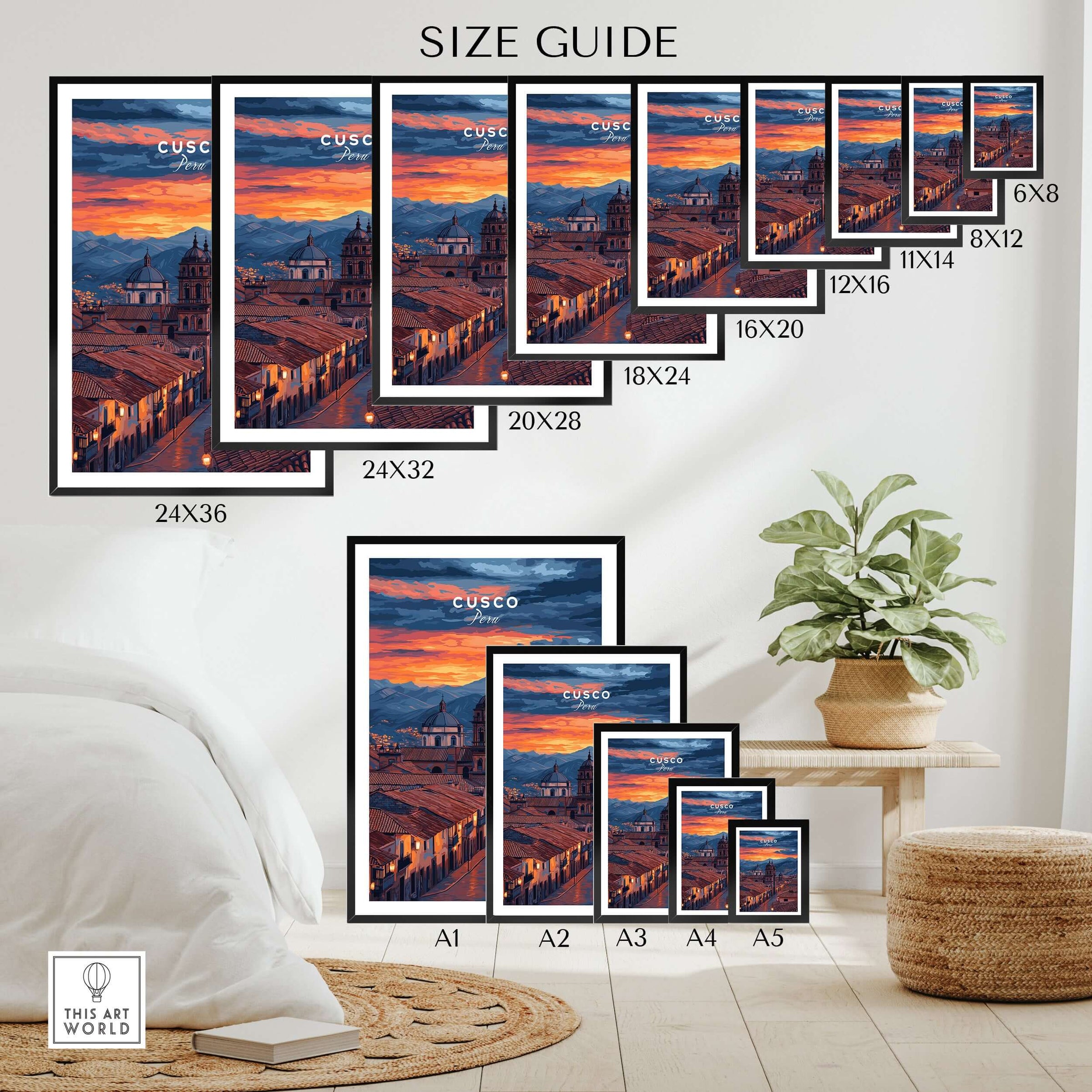 Cusco Evening Street View Print | Glowing Andes Home Decor size guide showcasing various print dimensions.