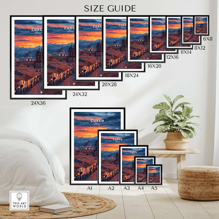 Cusco Evening Street View Print | Glowing Andes Home Decor size guide displaying various frame sizes.
