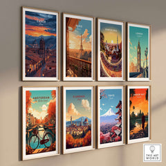 Cusco Evening Street View Print | Glowing Andes Home Decor displayed alongside iconic city prints on a gallery wall.