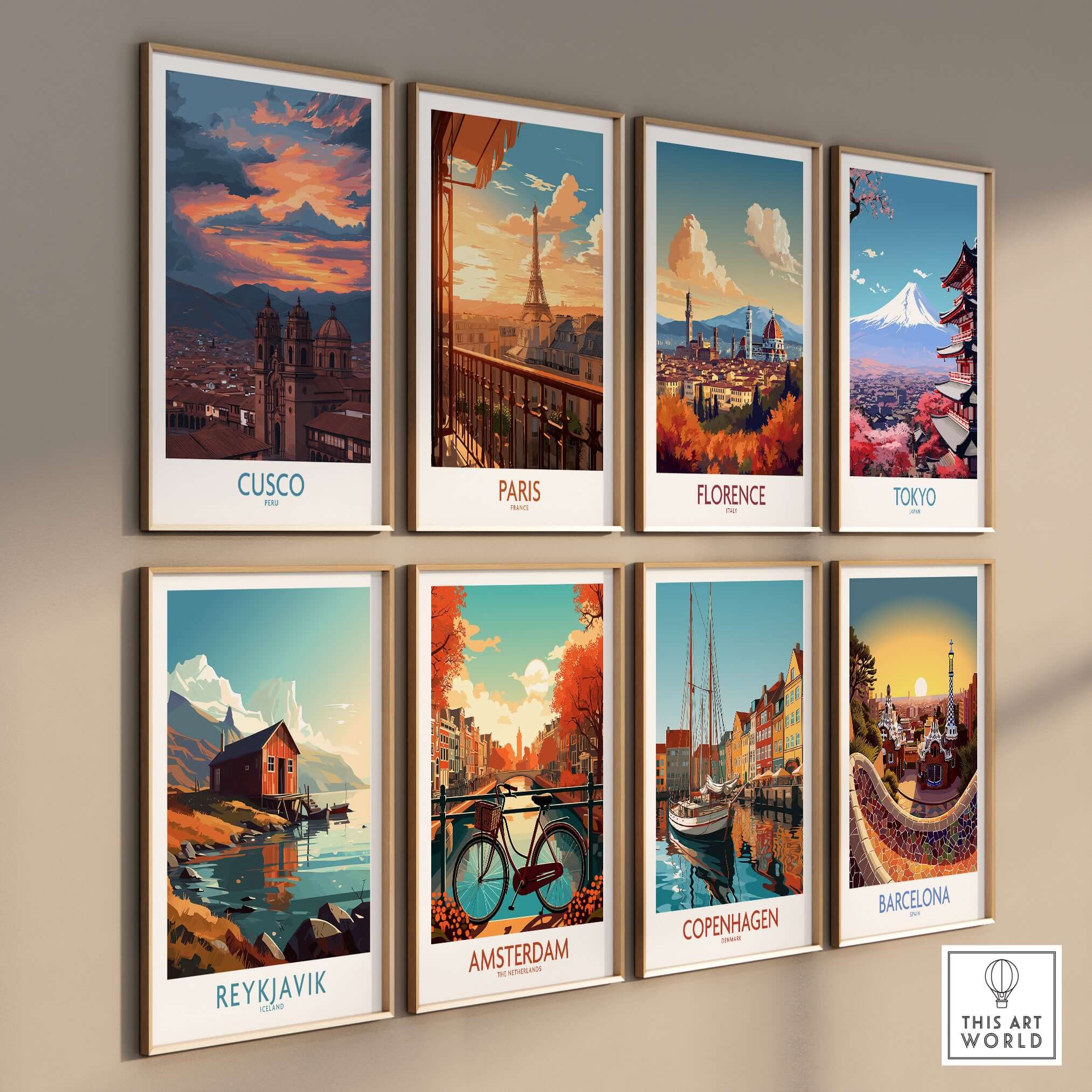 Cusco Peru Sunset Cathedral Art Print | Vibrant Andes City Poster displayed among other vibrant city art prints.