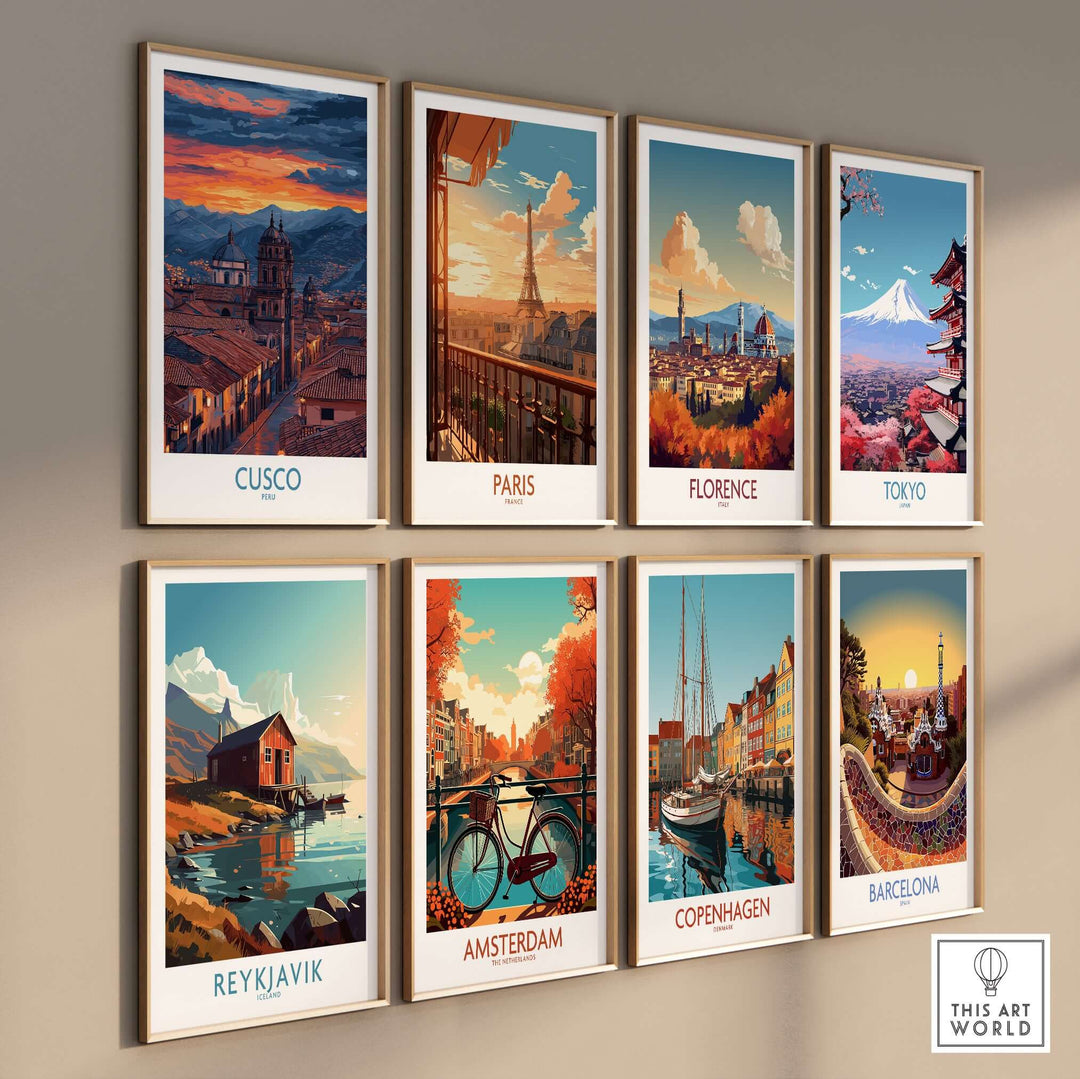 Cusco Peru Twilight Cityscape Art Print | Historic Rooftops Poster among various cityscape art prints on a gallery wall.
