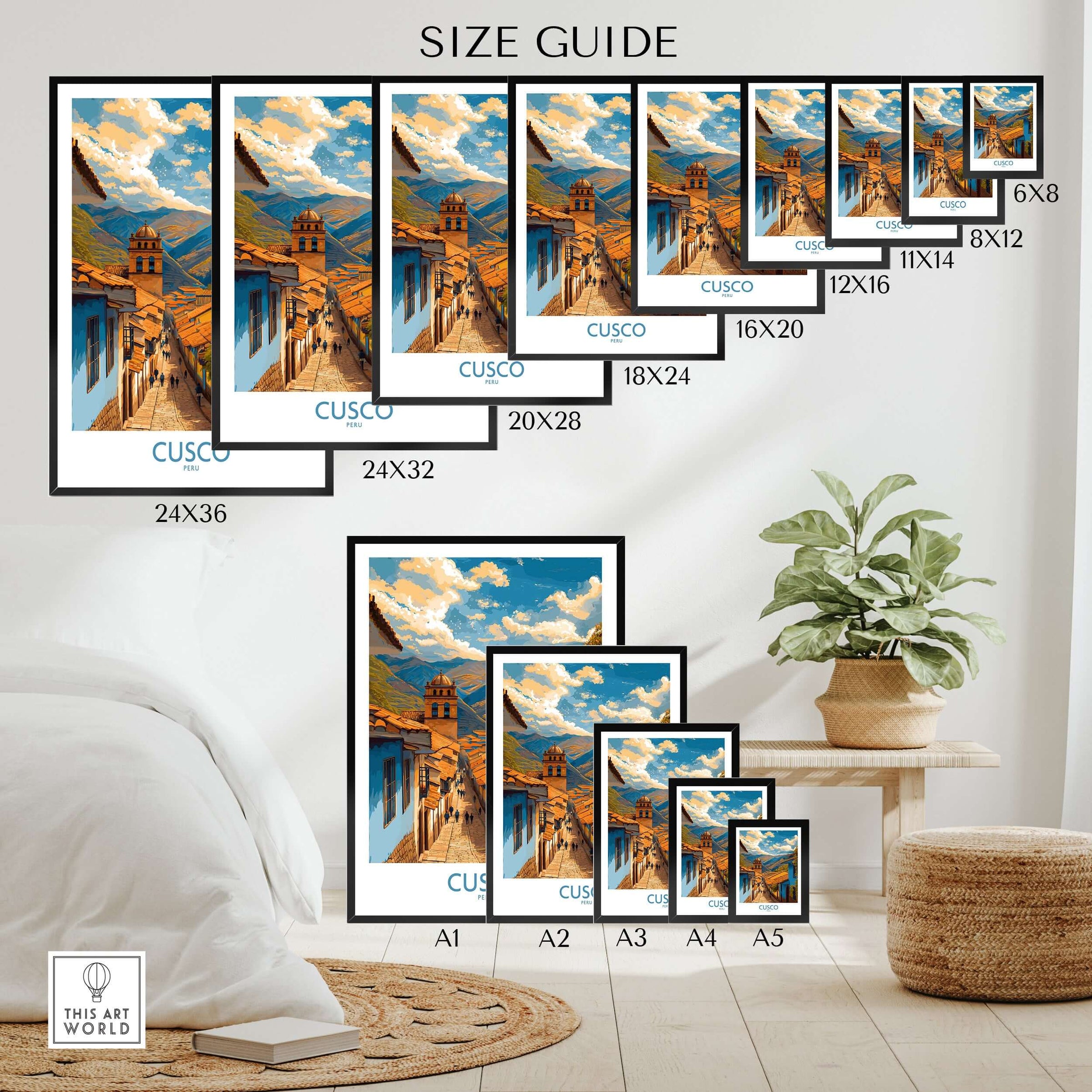 Cusco Peru Historic Street View Art Print | Andes Mountain Travel Poster size guide display in various frames.