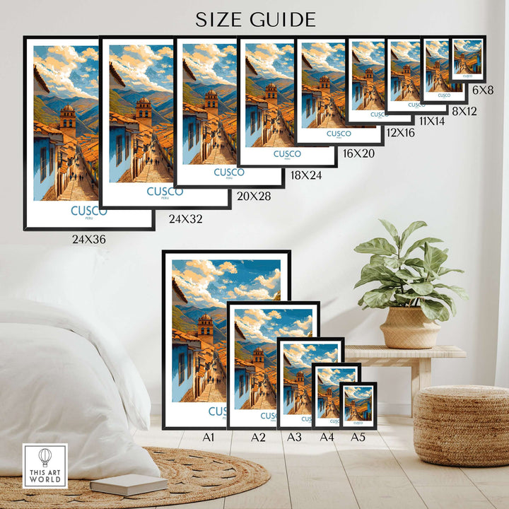 Cusco Peru Historic Street View Art Print | Andes Mountain Travel Poster size guide with various frame sizes displayed.