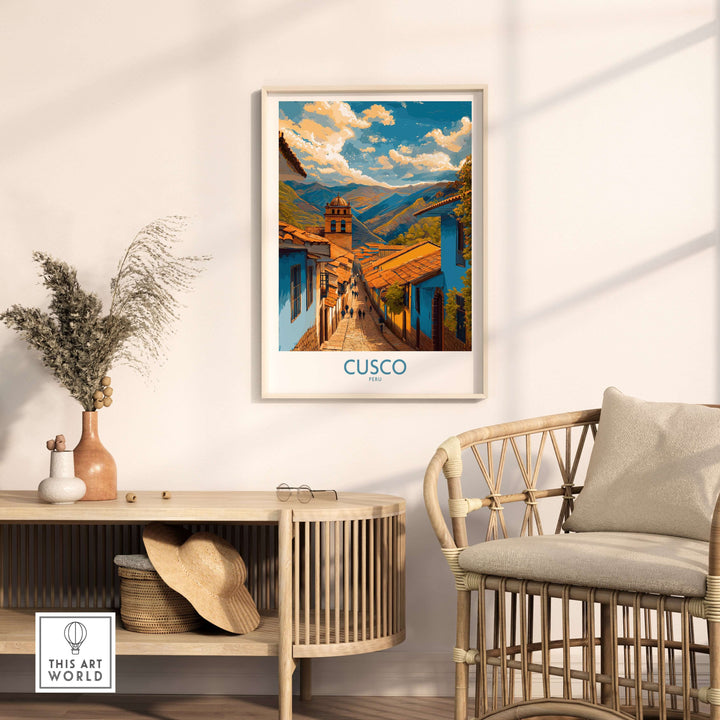 Cusco Peru Historic Street View Art Print | Andes Mountain Travel Poster displayed in a cozy living room setting.