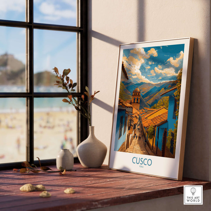 Cusco Peru Historic Street View Art Print | Andes Mountain Travel Poster displayed in a bright room with a view.