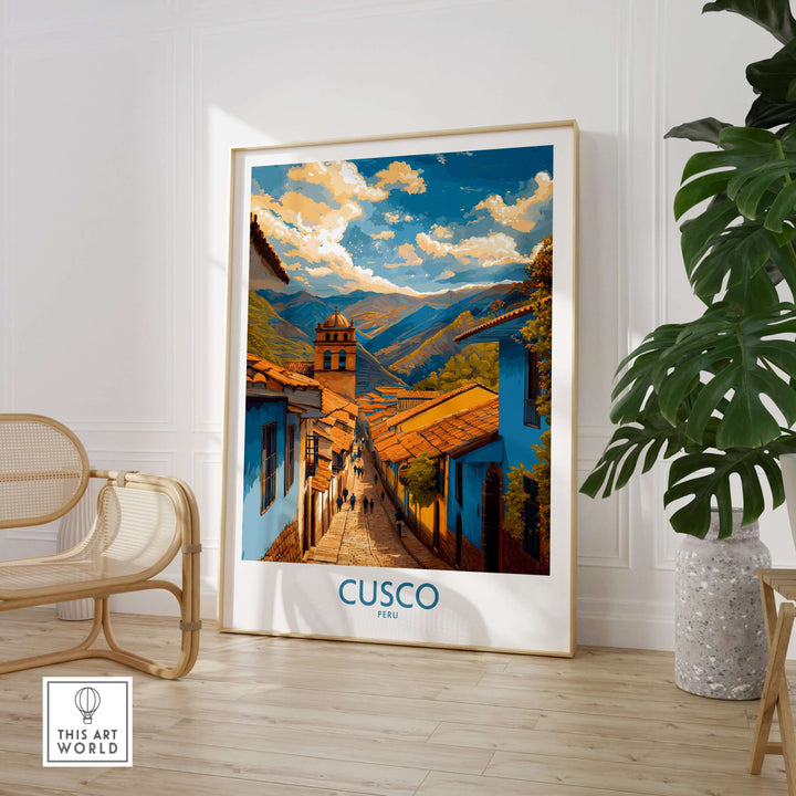 Cusco Peru Historic Street View Art Print | Andes Mountain Travel Poster in a stylish interior setting.