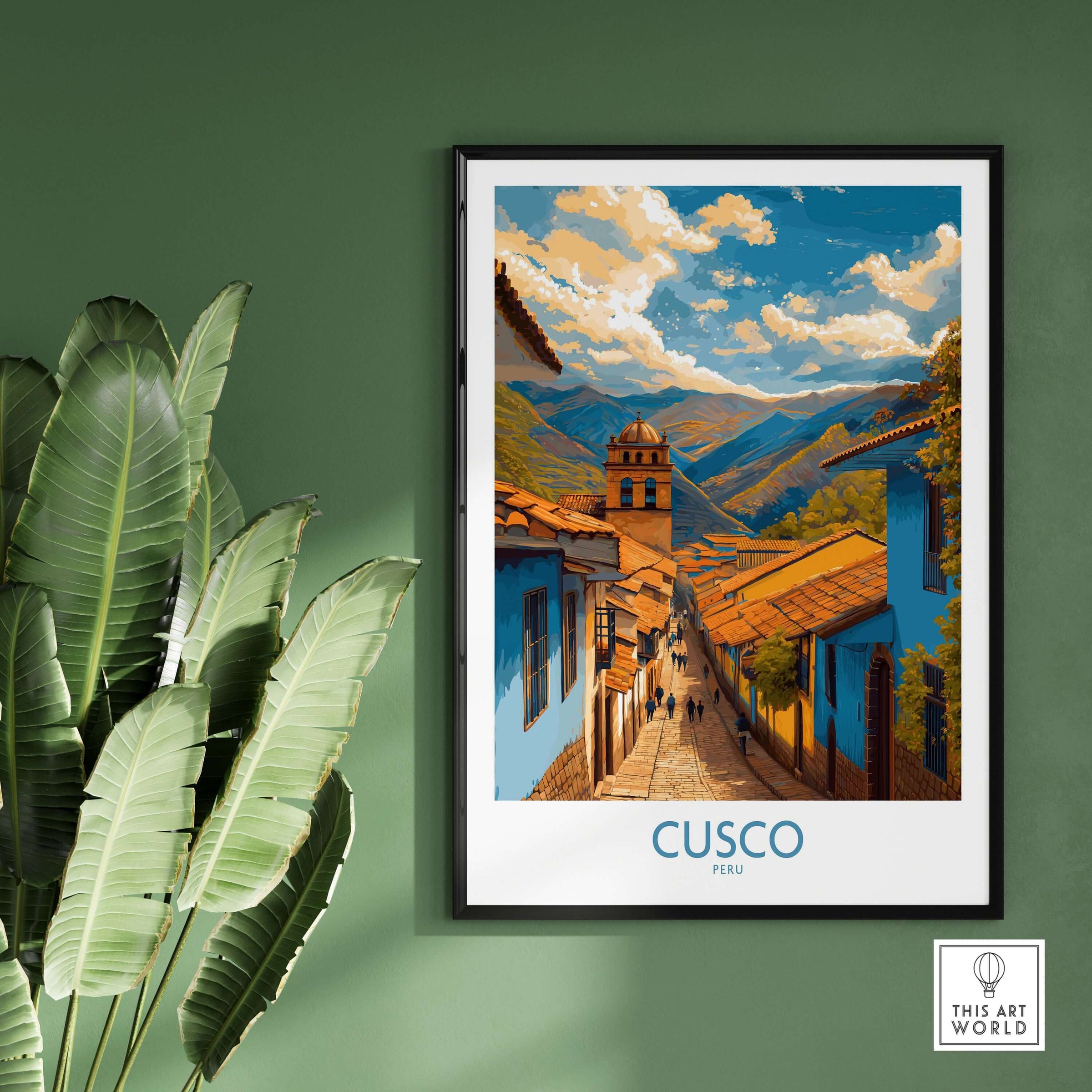 Cusco Peru Historic Street View Art Print | Andes Mountain Travel Poster framed on green wall with plants.