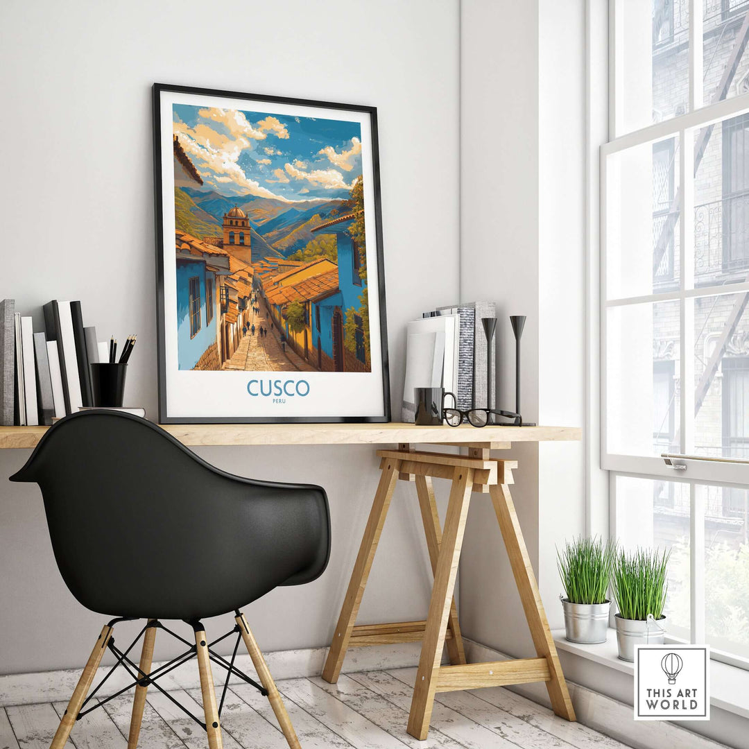 Cusco Peru Historic Street View Art Print | Andes Mountain Travel Poster displayed in a modern setting with a stylish chair.