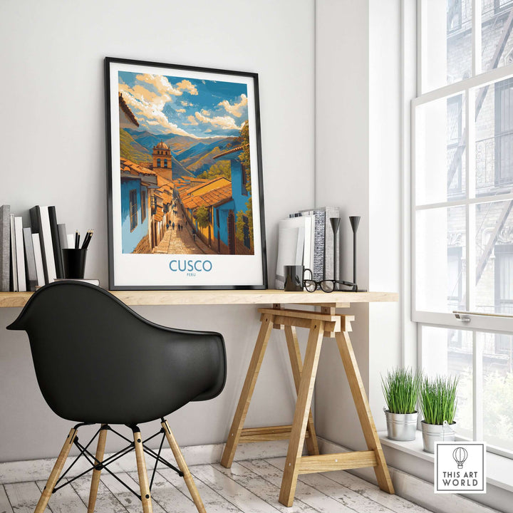 Cusco Peru Historic Street View Art Print | Andes Mountain Travel Poster displayed in a modern setting with a stylish chair.