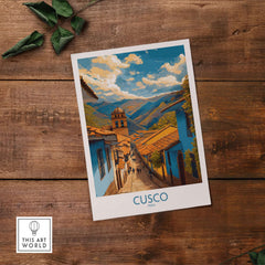 Cusco Peru Historic Street View Art Print | Andes Mountain Travel Poster showcasing colonial streets and majestic Andes mountains.