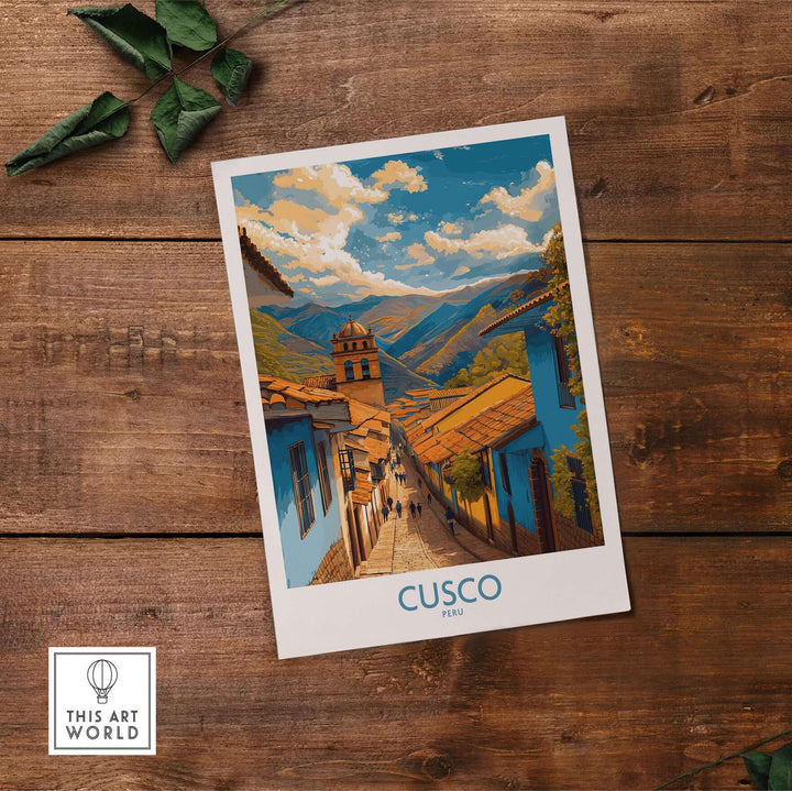 Cusco Peru Historic Street View Art Print | Andes Mountain Travel Poster showcasing a charming colonial street and mountains.