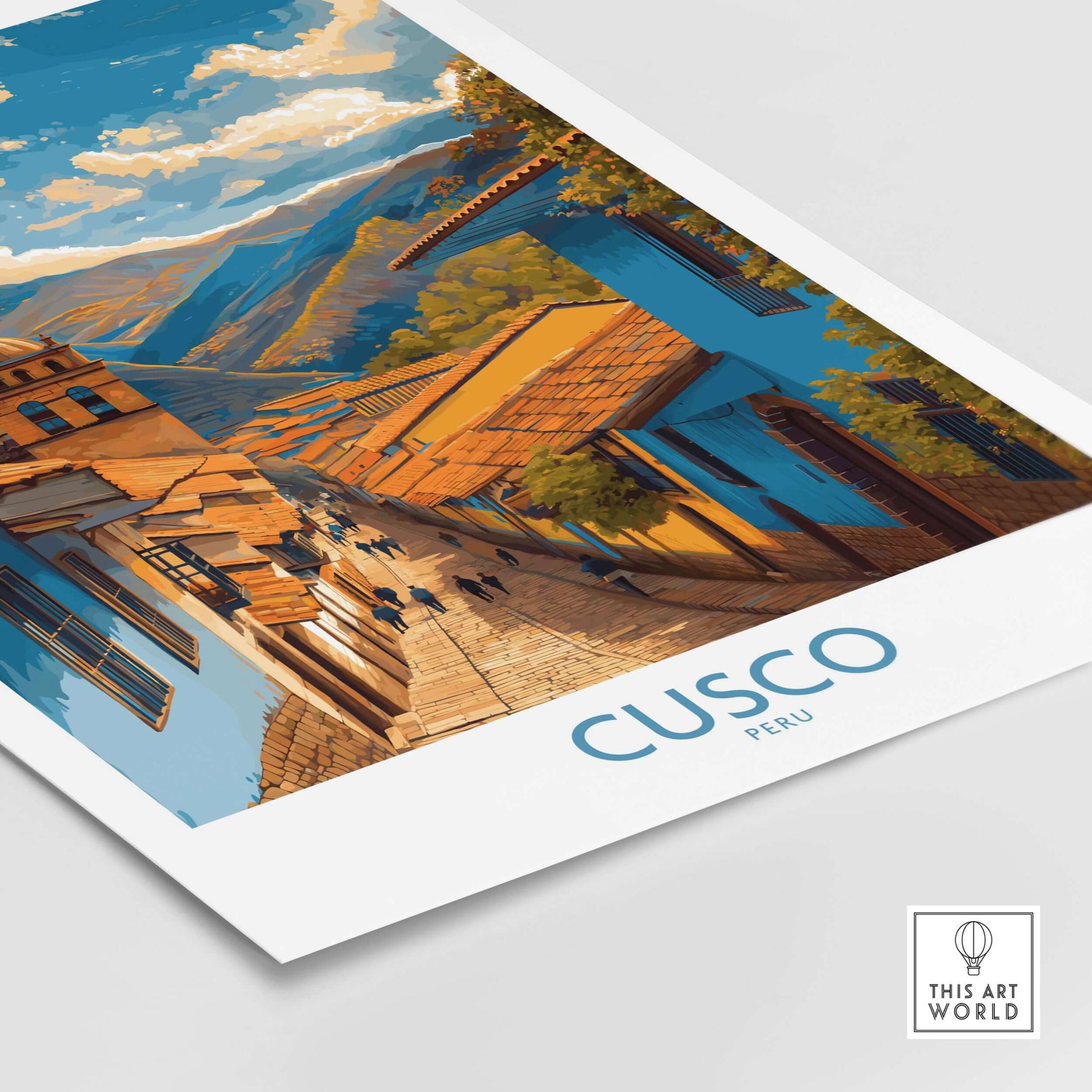 Cusco Peru Historic Street View Art Print | Andes Mountain Travel Poster showcasing a vibrant street scene.