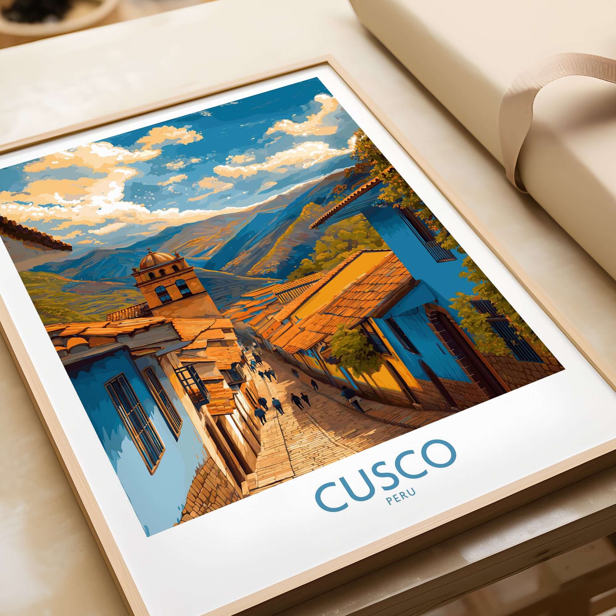 Cusco Peru Historic Street View Art Print | Andes Mountain Travel Poster featuring vibrant colonial streets and mountains.