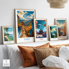 Cusco Peru Historic Street View Art Print | Andes Mountain Travel Poster displayed among various framed travel posters.
