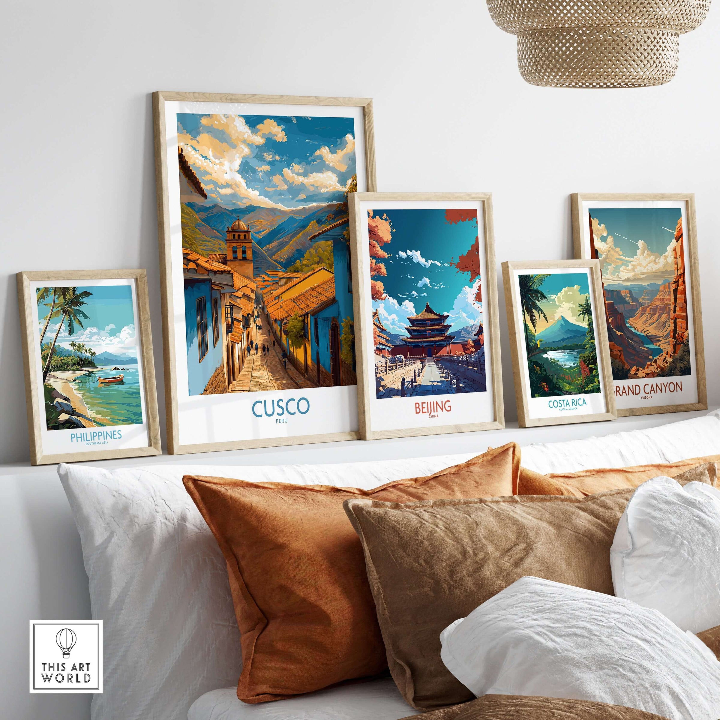 Cusco Peru Historic Street View Art Print | Andes Mountain Travel Poster displayed among various framed travel posters.