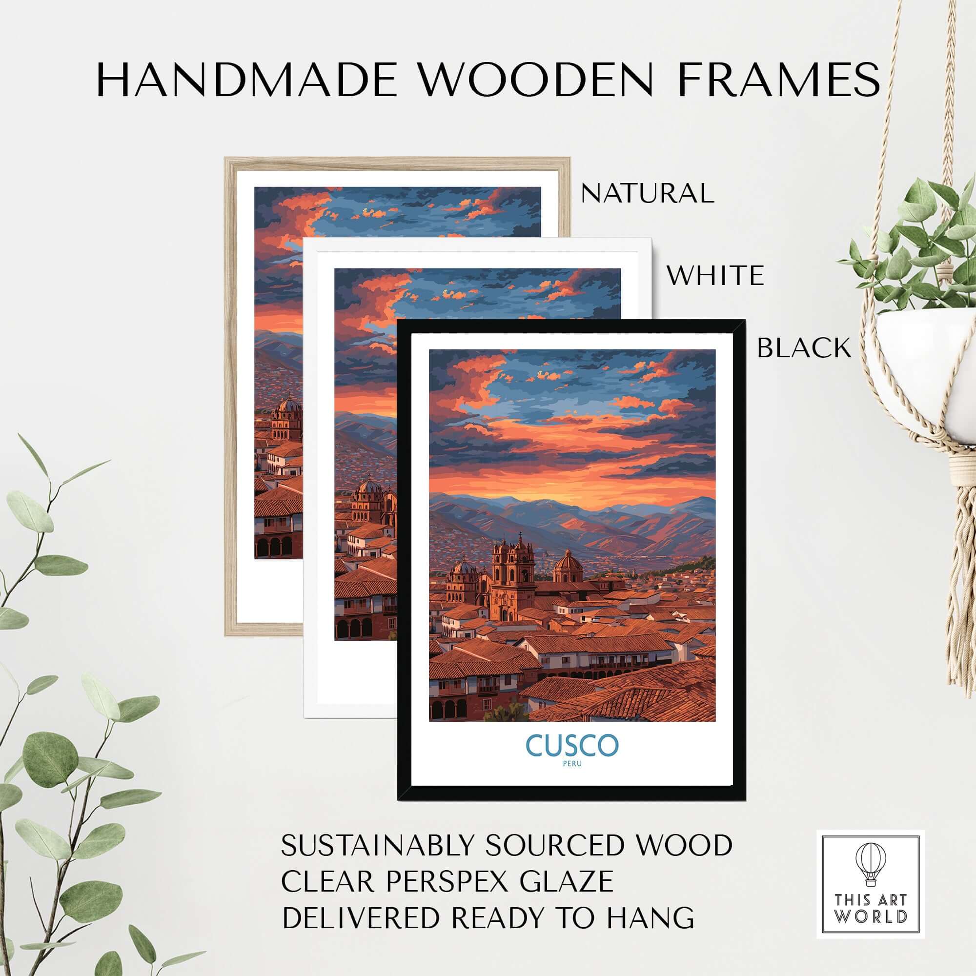 Handmade wooden frames for Cusco Peru Orange Sunset Art Print | Mountain City Skyline Poster in natural, white, and black colors.