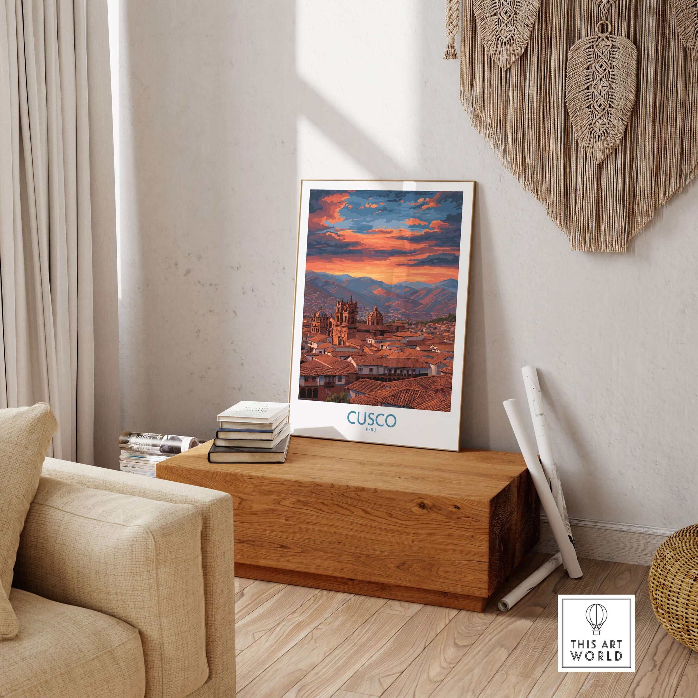 Cusco Peru Orange Sunset Art Print | Mountain City Skyline Poster displayed in a cozy living room setting.