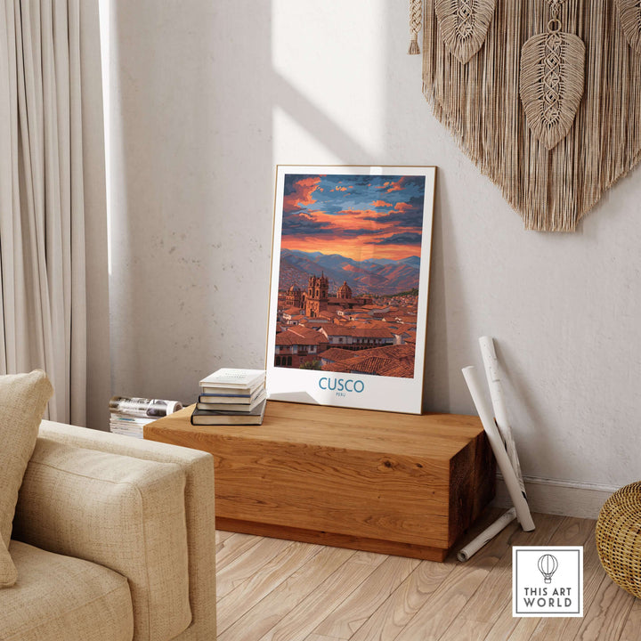 Cusco Peru Orange Sunset Art Print | Mountain City Skyline Poster displayed in a cozy living room setting.