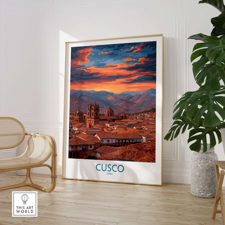 Cusco Peru Orange Sunset Art Print | Mountain City Skyline Poster with vibrant orange sunset over city skyline.