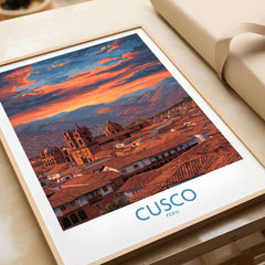 Cusco Peru Orange Sunset Art Print | Mountain City Skyline Poster displayed in a natural wood frame.