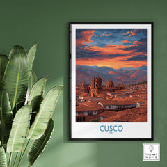 Cusco Peru Orange Sunset Art Print | Mountain City Skyline Poster on a green wall with plants.