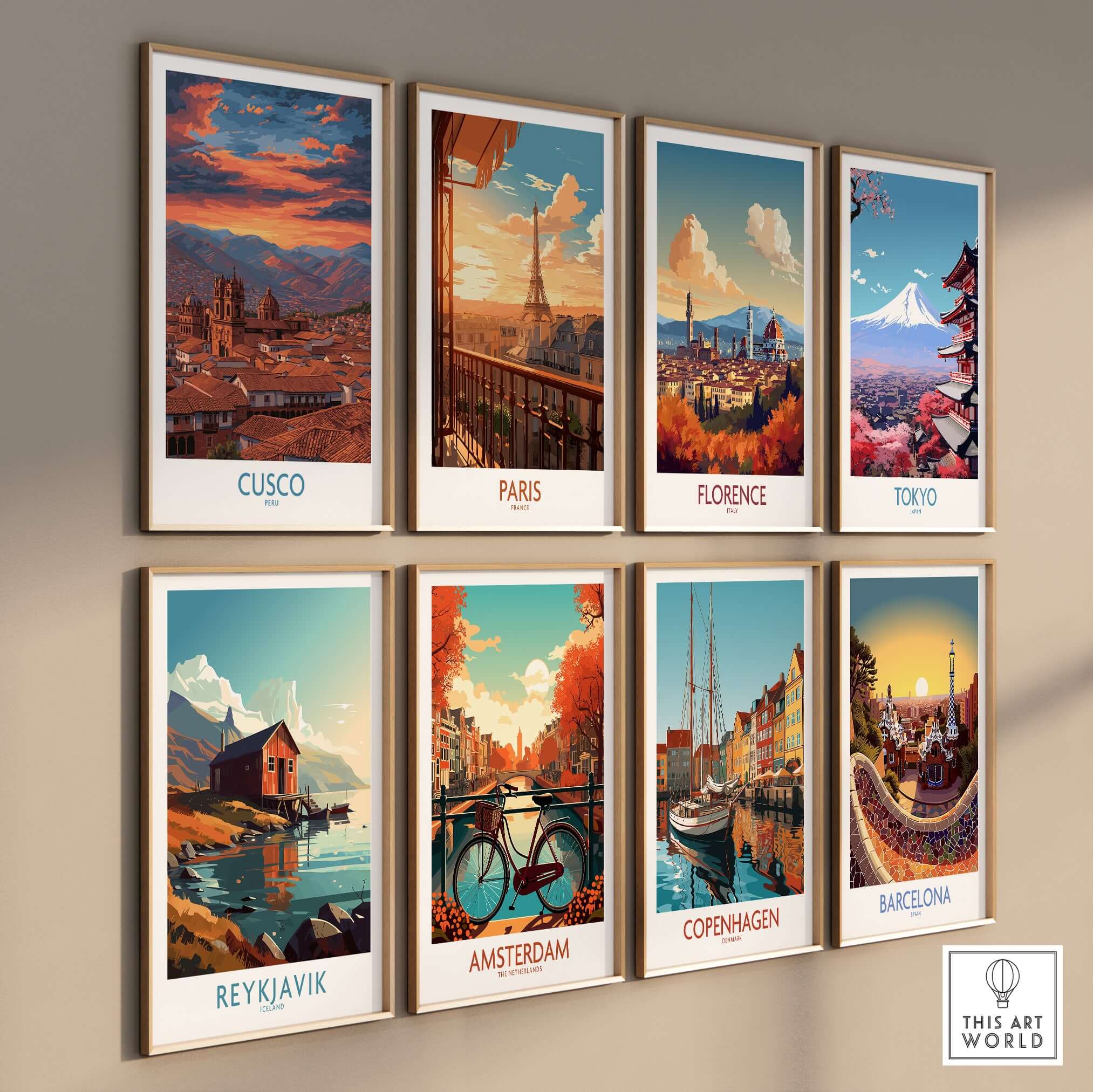 Cusco Peru Orange Sunset Art Print | Mountain City Skyline Poster displayed among other city art prints