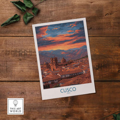 Cusco Peru Orange Sunset Art Print | Mountain City Skyline Poster featuring a stunning sunset over the city.