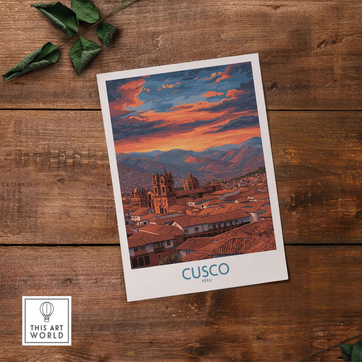 Cusco Peru Orange Sunset Art Print | Mountain City Skyline Poster showcasing vibrant colors and scenic views of the city.