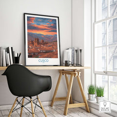 Cusco Peru Orange Sunset Art Print | Mountain City Skyline Poster displayed in a modern workspace.