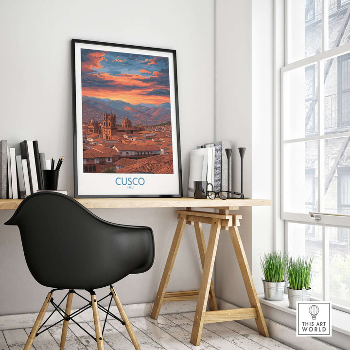 Cusco Peru Orange Sunset Art Print | Mountain City Skyline Poster displayed in a modern office setting.