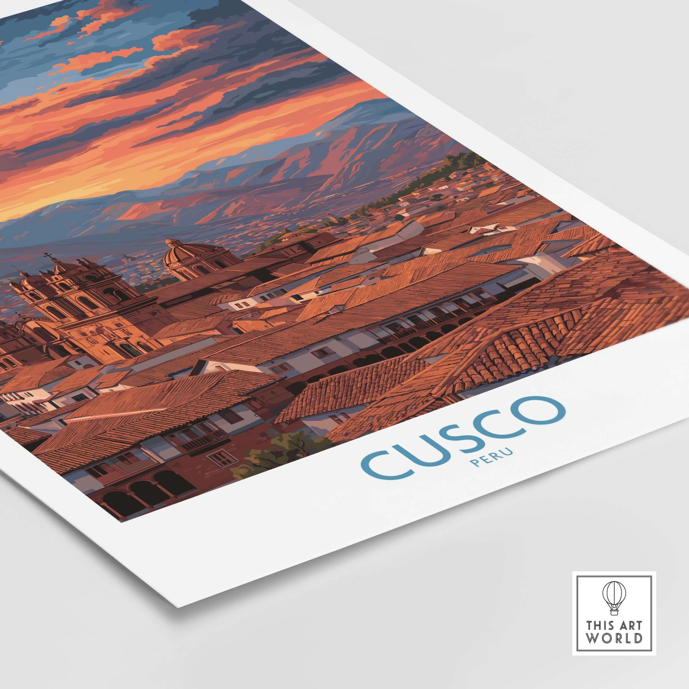 Cusco Peru Orange Sunset Art Print | Mountain City Skyline Poster featuring stunning skyline with mountains.