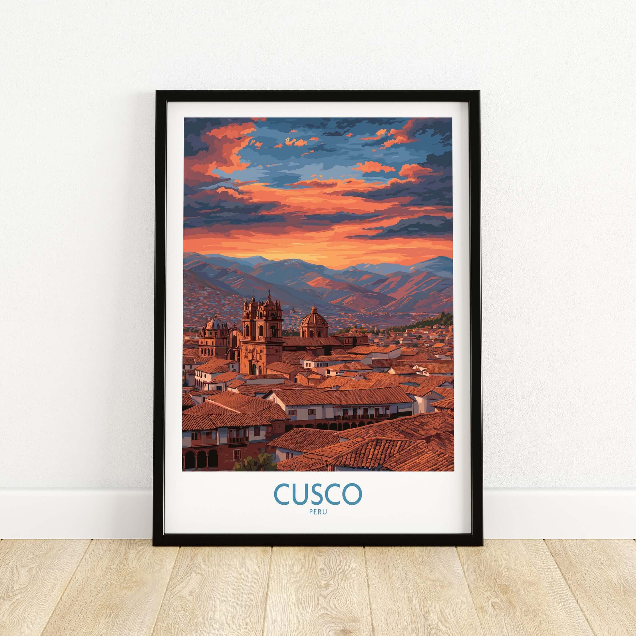 Cusco Peru Orange Sunset Art Print | Mountain City Skyline Poster in a framed display with vibrant colors.