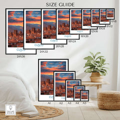 Cusco Peru Orange Sunset Art Print | Mountain City Skyline Poster size guide featuring various frame sizes.